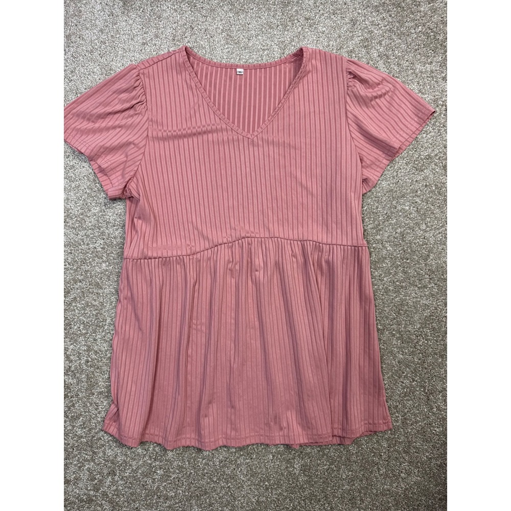 Pink Ribbed V-Neck Babydoll Top Short Sleeve Empire Waist Peplum Blouse XL